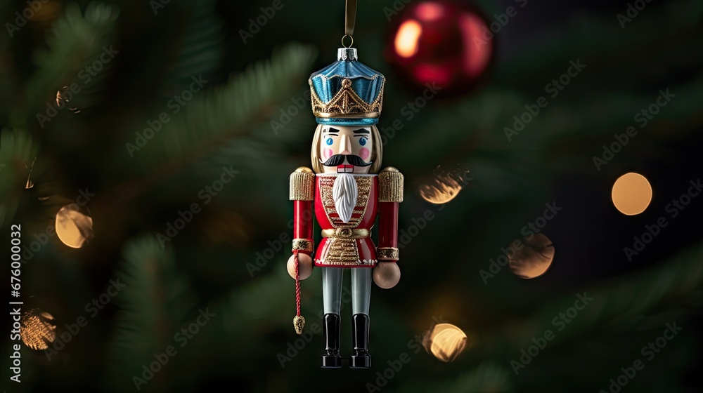 Aufkleber a nutcracker ornament hanging from a christmas tree in front of a blurry background of lights. gener