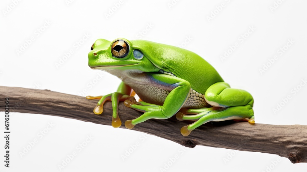 Poster a green frog sitting on a branch with its eyes wide open and looking at the camera with a white back