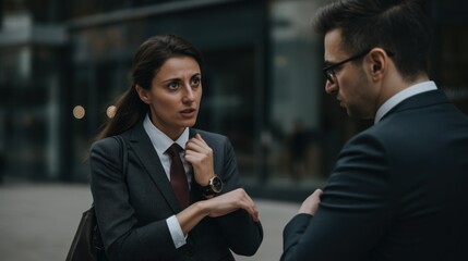 A businesswoman shows her watch to a businessman and tells him something