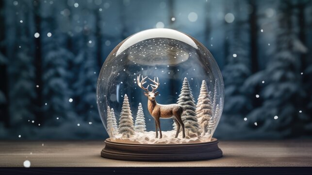  a snow globe with an image of a deer in a snowy forest in the middle of a night time scene.  generative ai