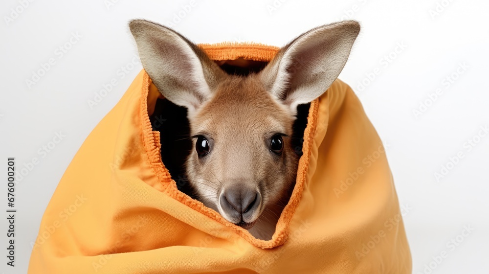 Aufkleber a close up of a kangaroo in a blanket on a white background with a surprised look on the face of the