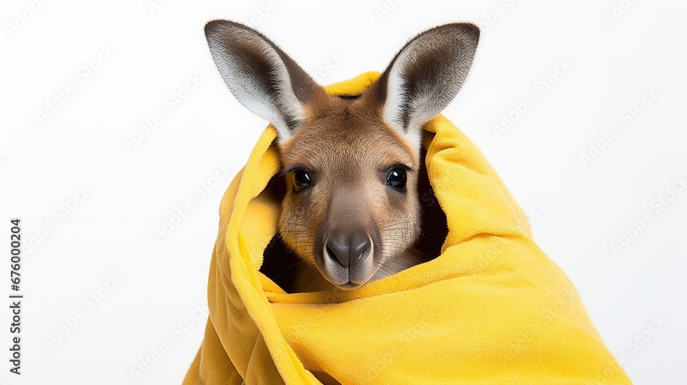 Poster a kangaroo wrapped in a yellow blanket looking at the camera with a surprised look on its face and e