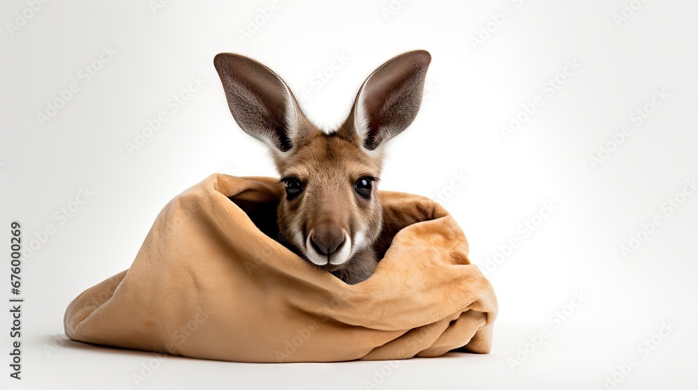 Poster a kangaroo peeks out from a blanket on a white background as it peeks out from the top of the blanke