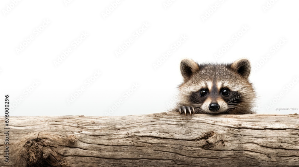 Poster a raccoon peeking over a log with its paw on the edge of the log looking at the camera. generative a