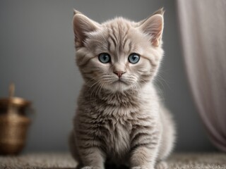 Portrait of a 6 month lilac british shorthair kitten looking on front, cute grey baby cat look at camera. Ai Generative - obrazy, fototapety, plakaty
