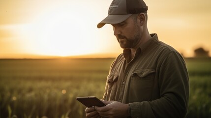 Young agricultural worker man uses tablet in the field