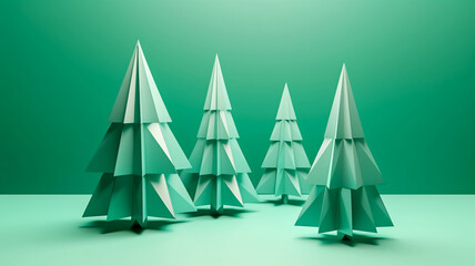 Creative minimalistic Christmas background. Christmas trees on a light green background with a copy space