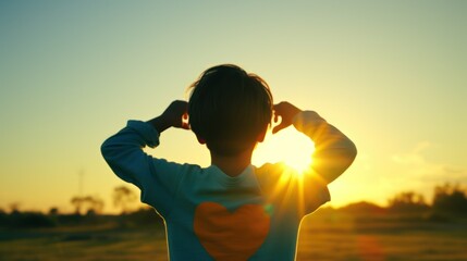 Little boy looking at the horizon as the sun rises, puts his hands on his head, view from behind
