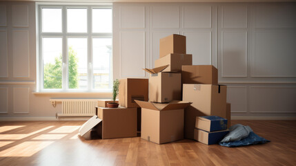 A room in a house with sunlight streaming through the window, illuminating a stack of cardboard boxes, suggesting a process of moving or relocation