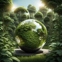 A Double-Exposure Render of a 3D Sphere with Metallic and Vegetal Halves: A Geometry Meets Nature Concept - obrazy, fototapety, plakaty