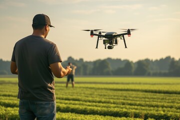 Man using drone with the remote control on technological tablet, drone flying over green fields and filming it while being controlled by man - obrazy, fototapety, plakaty