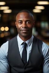 Fototapeta premium Portrait of successful black businessman. Handsome senior entrepreneur wearing tie and formal clothing smiling and looking at camera. 