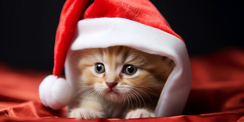 A cute kitten dressed as Santa Claus for the holidays Slightly grumpy-looking cat wearing a Santa Claus hat with festive Christmas surrounding Generative AI