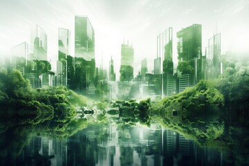 Obraz premium Green city double exposure of lush green forest and city landscape. Futuristic green environment in city.