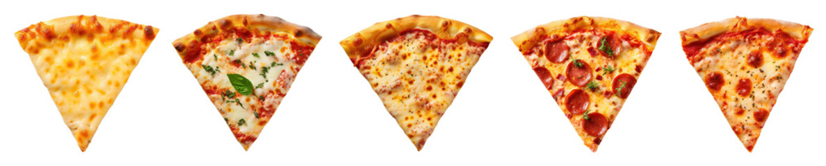 Different variety of pizza slices on a transparent background viewed from above