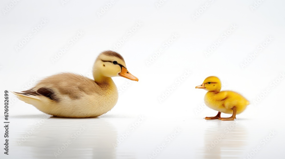 Poster a duck and a duckling sitting next to each other on a white surface in front of a white background. 