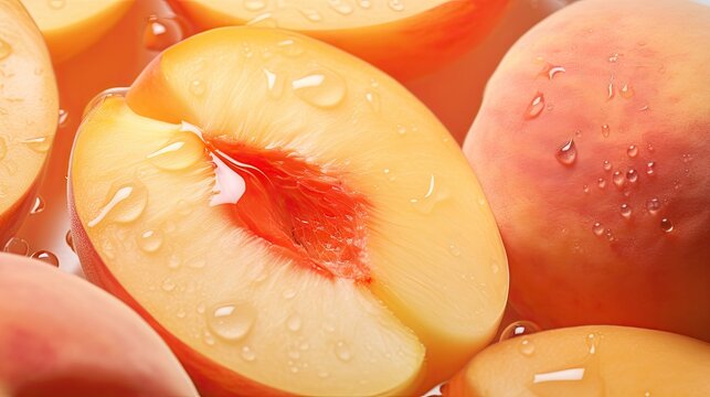  a close up of sliced peaches with water droplets on the top and bottom of the peaches on the bottom of the image.  generative ai