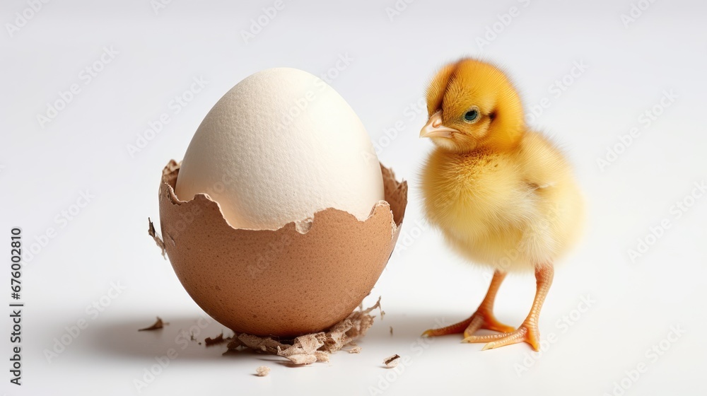 Poster a small yellow chicken standing next to an egg in a cracked egg shell on a white background with a b