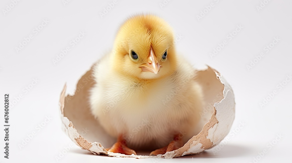 Poster a close up of a small chicken in an egg shell on a white background with a small yellow chickling in