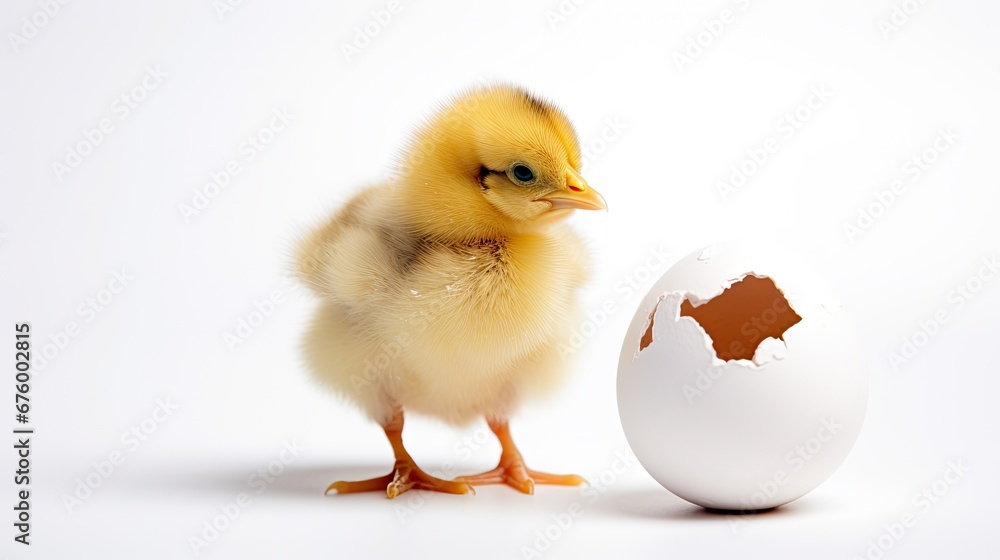 Poster a small yellow chick standing next to an egg on a white background with a hole in the middle of the 