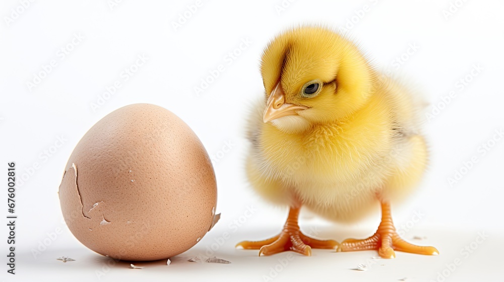 Poster a small yellow chicken standing next to an egg on a white surface with a cracked egg shell in front 