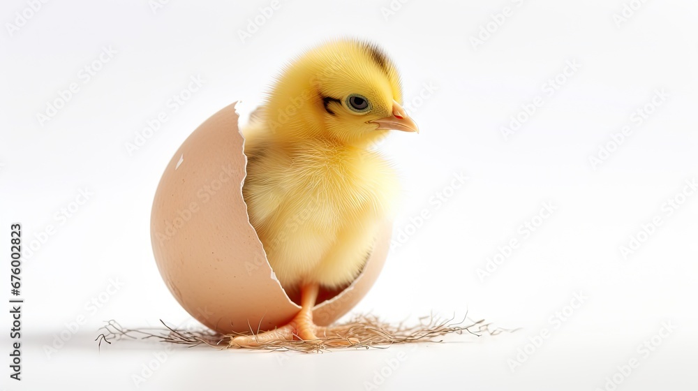 Poster a small yellow chicken standing inside of an egg shell on a white background with a shadow of its he