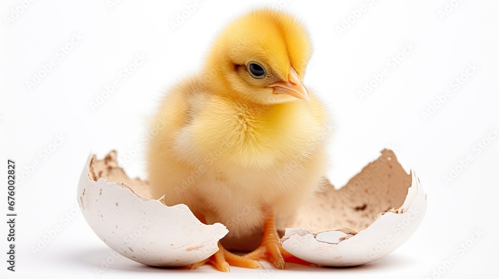 Poster a small yellow chicken sitting inside of an open egg shell on top of a white surface with an egg she