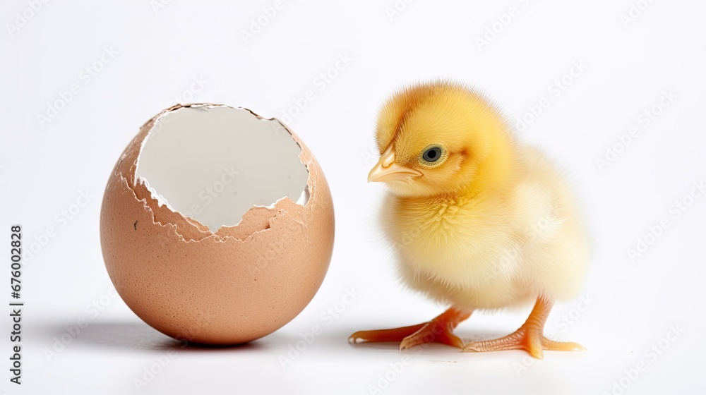 Poster a small yellow chicken standing next to an egg shell on a white background with a half of an egg in 
