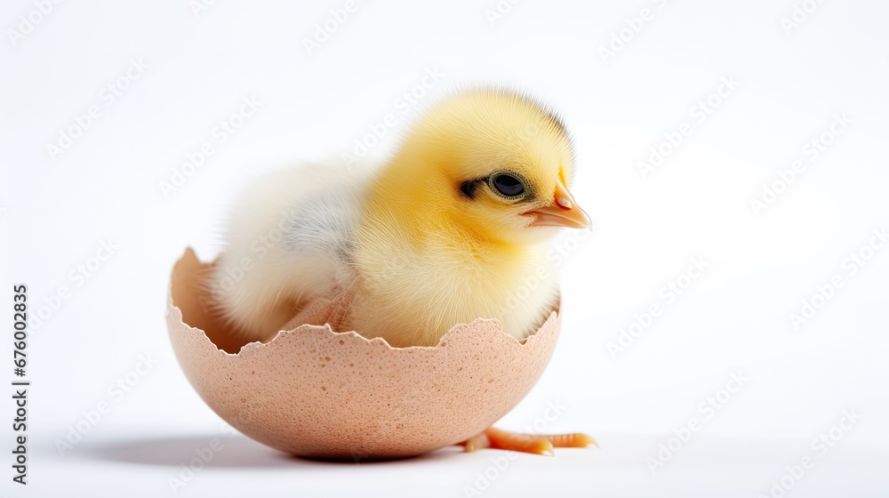 Poster a small yellow and white chick in an egg shell on a white background with a reflection of its head i