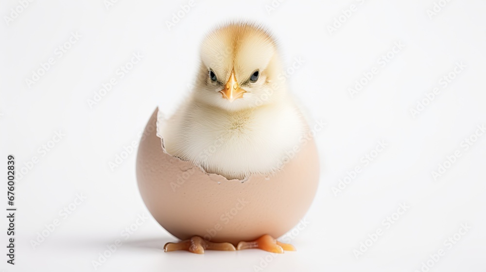 Poster a small chicken sitting inside of an egg shell on top of a white surface with a light reflection on 