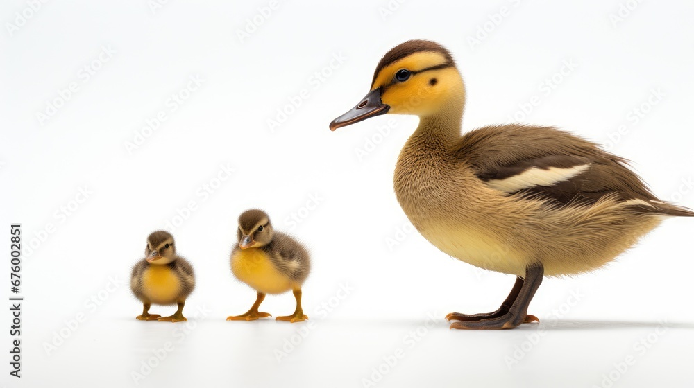 Poster a mother duck with her two chicks in front of her on a white background with a reflection of the bab