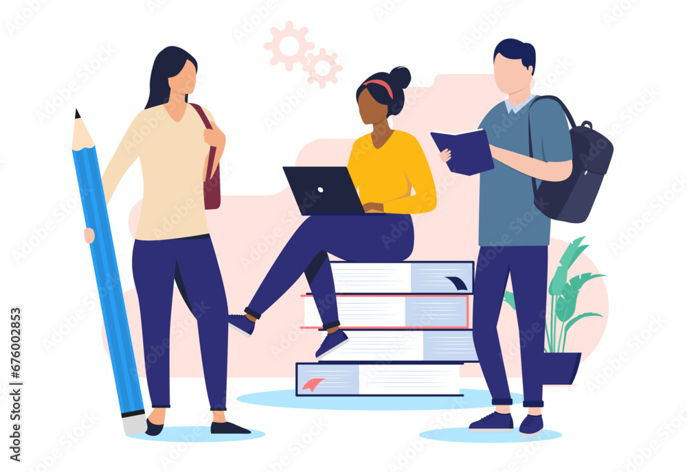 Wall mural Group of students working together - Team of people studying and taking education using laptop, book and big pencil. Flat design vector illustration with white background