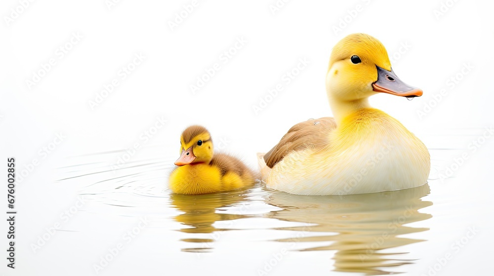 Poster a couple of ducks floating on top of a body of water with one duckling next to the duckling. generat
