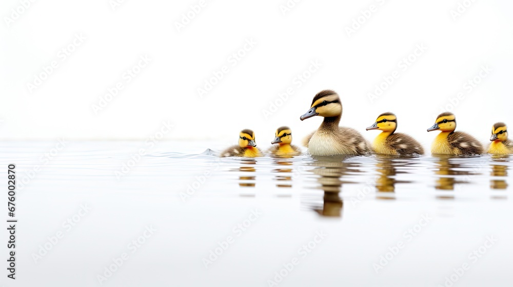 Poster a group of ducks floating on top of a lake next to each other on top of a body of water. generative 
