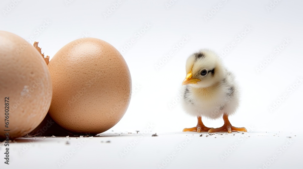 Poster a small chicken standing next to an egg on a white background with an egg in the foreground and an e