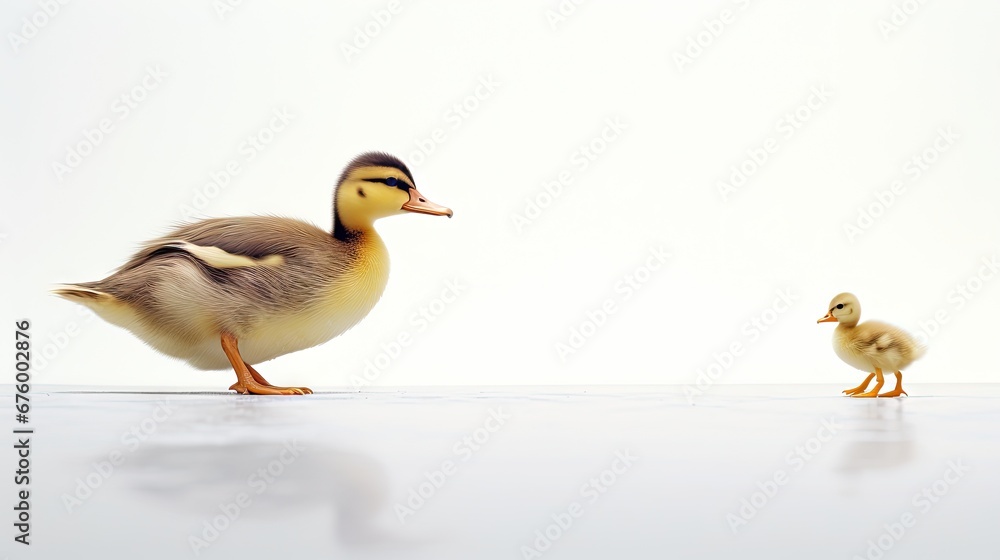 Poster a duck and a duckling are standing next to each other on a white surface in front of a white backgro
