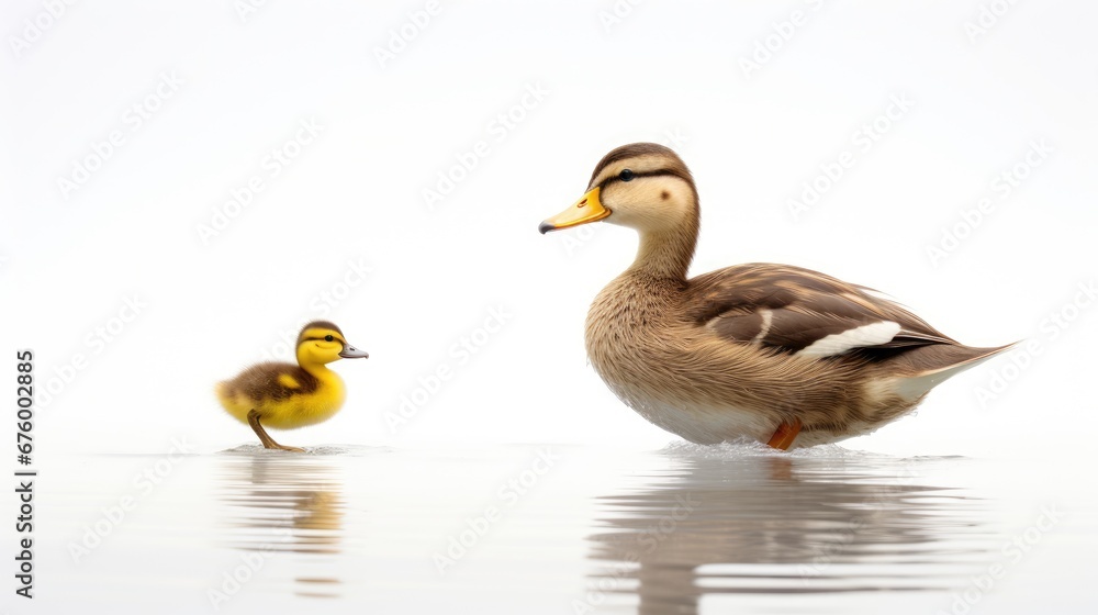 Poster a duck and a duckling in a body of water with one duckling in the foreground and the other duckling 