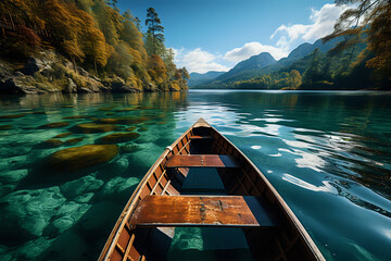 bow of a wooden boat in the water against the backdrop of a natural landscape