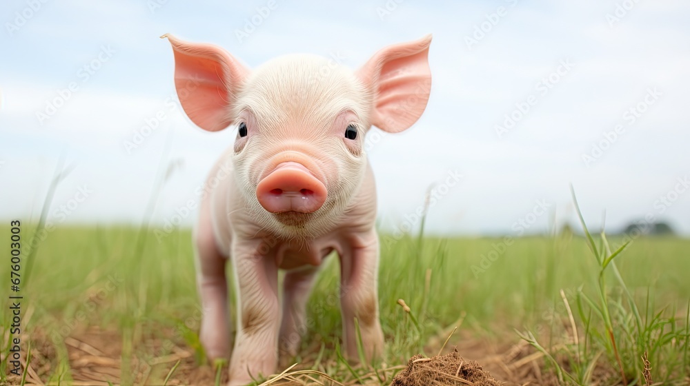 Poster a small pig standing in the middle of a field of grass with a blue sky in the background and a few c