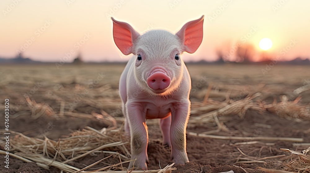 Poster a small pig standing in a field with the sun setting in the background and a pink pig's face. genera