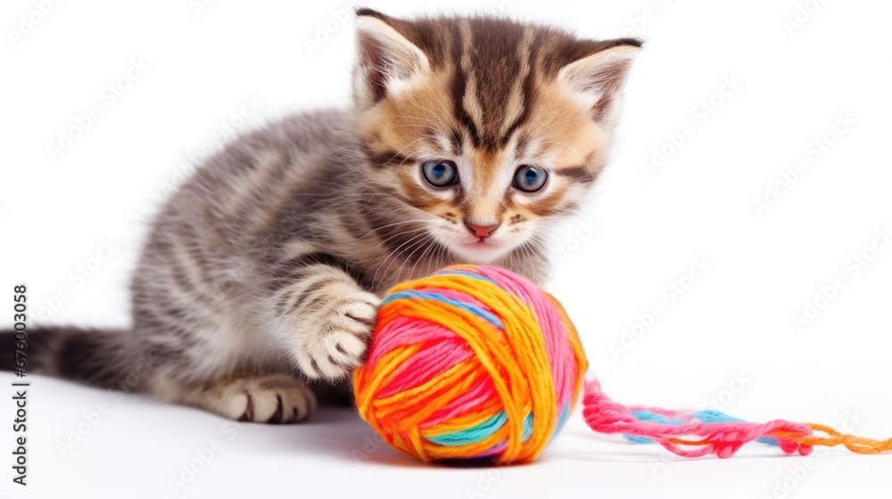 Poster a small kitten playing with a ball of yarn on a white background in front of it is a ball of yarn. g