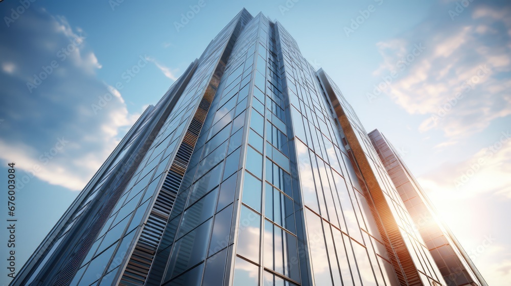 Poster a very tall building with a lot of windows on it's side and the sun shining through the windows. gen