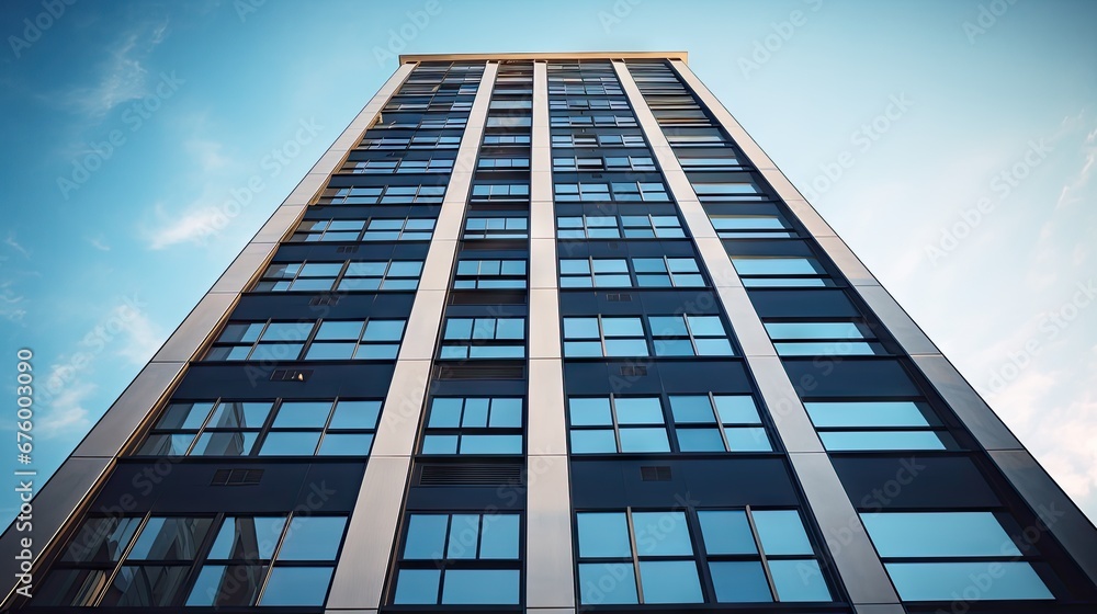 Poster a tall building with lots of windows against a blue sky with a few clouds in the background. generat