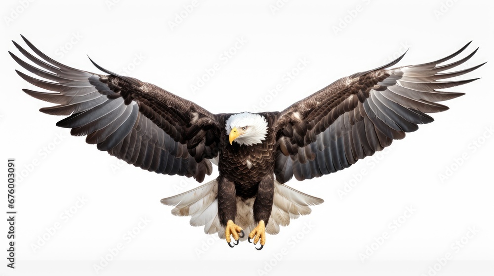 Poster a bald eagle spreads its wings as it spreads its talons in front of the camera on a white background