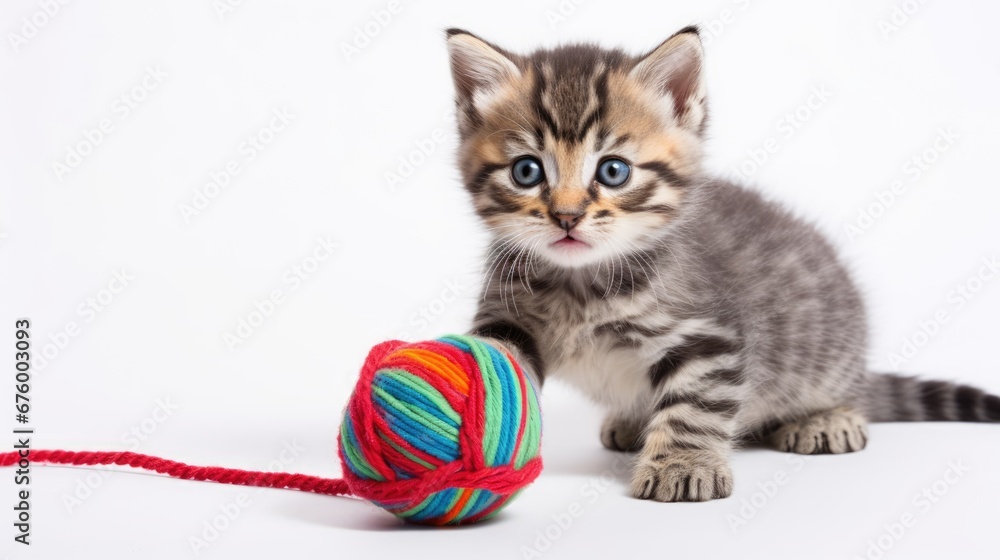 Poster a kitten playing with a ball of yarn with a red string on the end of the ball, on a white background