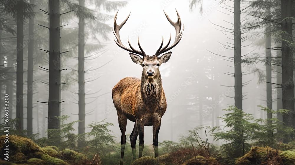 Poster a deer standing in the middle of a forest with lots of trees and moss on it's sides and a foggy sky 