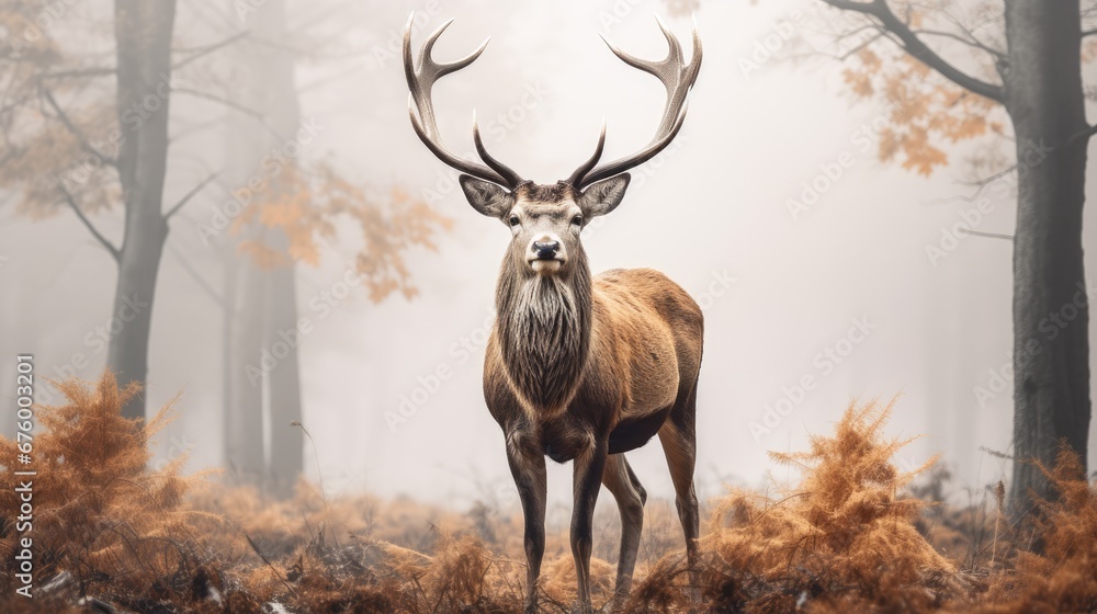 Poster a deer standing in the middle of a forest on a foggy day with trees and bushes in the background. ge