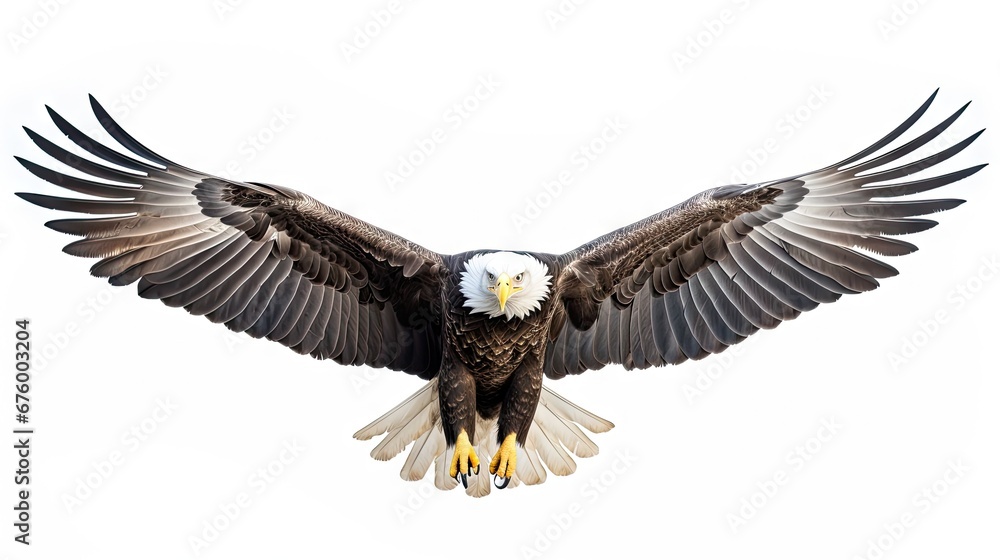 Poster a bald eagle spreads its wings as it spreads its talons in front of the camera on a white background