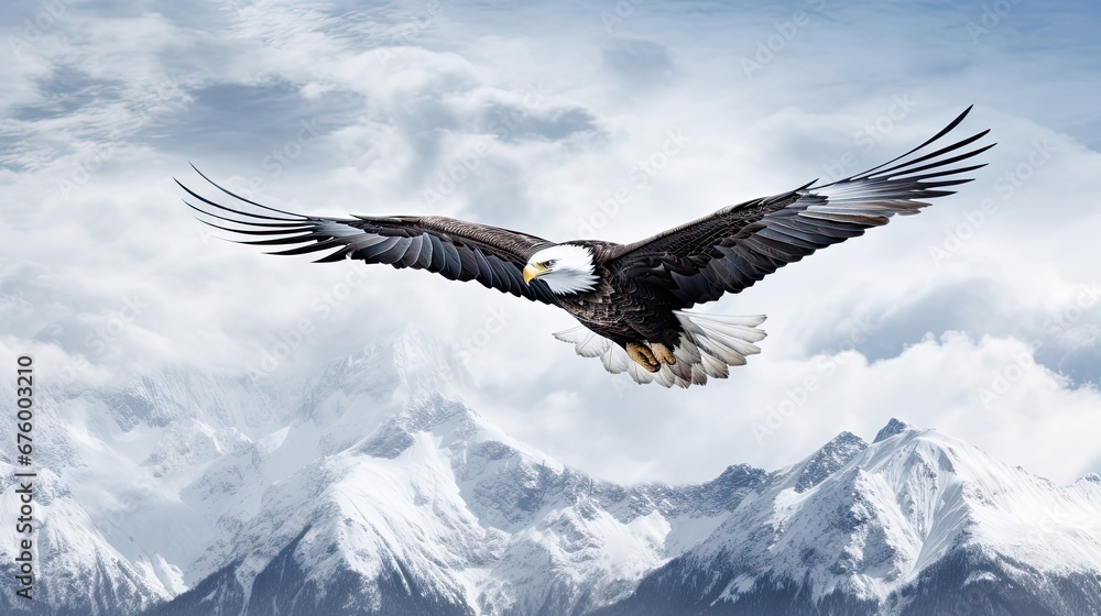 Poster a bald eagle soaring through the air with its wings wide open in front of a mountain range with snow