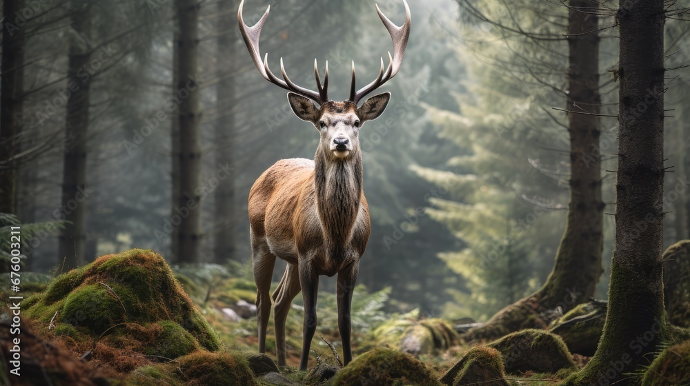 Aufkleber a deer standing in the middle of a forest with lots of moss on the ground and trees in the backgroun